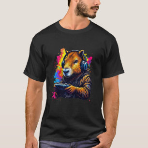 Camiseta Funny Capybara Tee Gamepad Fones de ouvido Videos 