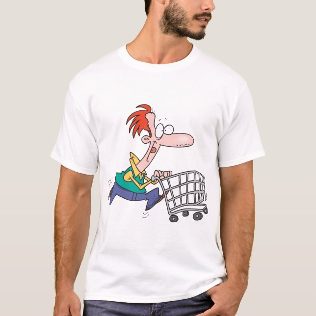 Camiseta Funny Cartoon Man Running With Shopping Cart (Frente)