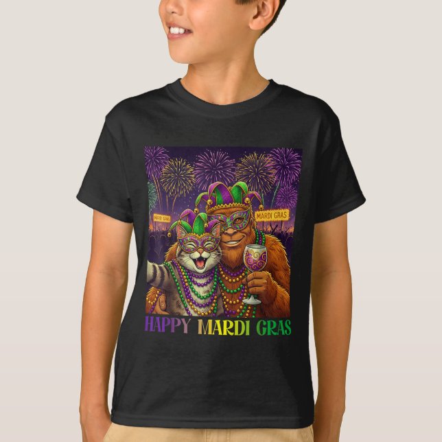 Camiseta Funny Cat Bigfoot Selfie Mardi Gras Carnival Party (Frente)