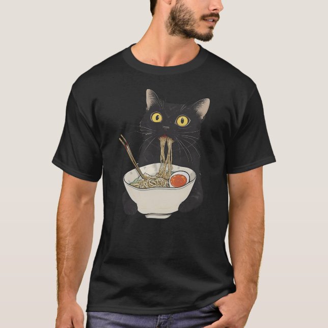 Camiseta Funny Cat Eating Noodles Ramen Japanese Cat Eat No (Frente)