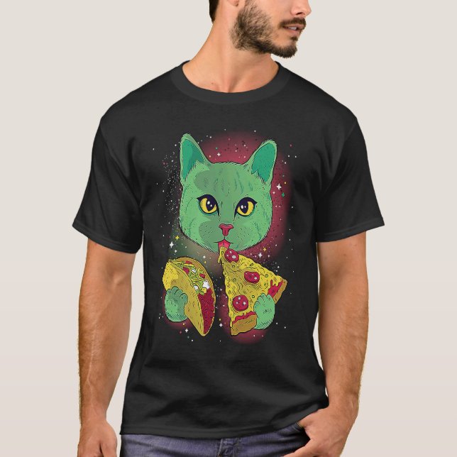 Camiseta Funny Cat Eating Tacos and Pizza in Outer Space T  (Frente)