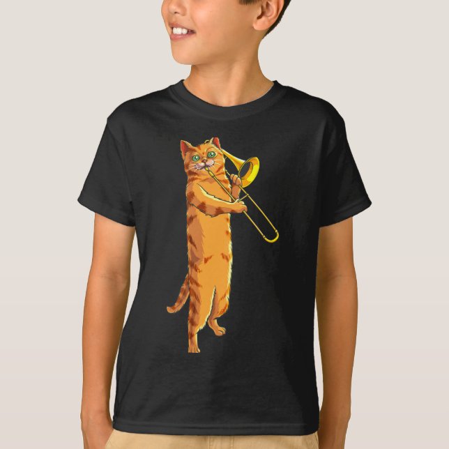 Camiseta Funny Cat Playing Trombone Gift Cool Kitten Musici (Frente)