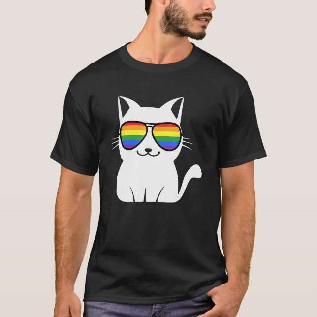 Camiseta Funny Cat Rainbow Sunglasses Cute Animal Lovers LG (Frente)