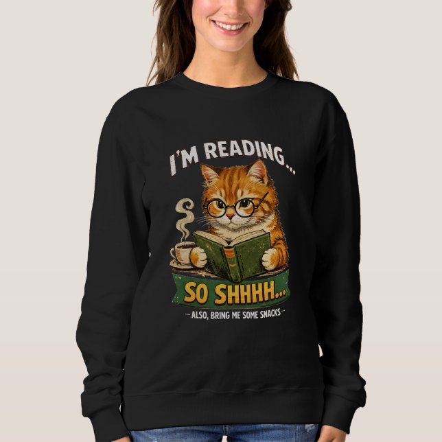 Camiseta Funny Cat Reading Book Black Sweatshirt | Retro (Frente)