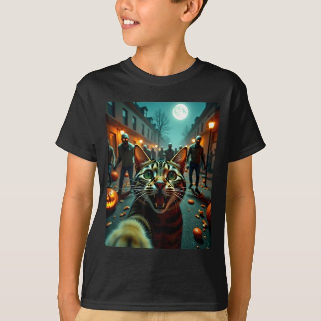Camiseta Funny Cat Selfie Halloween Zombies Humor  (Frente)