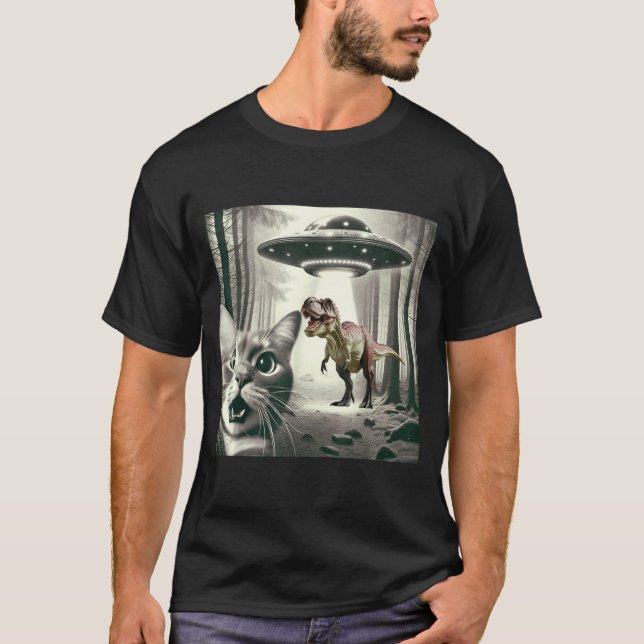 Camiseta Funny Cat Selfie With Alien Ufo And T-rex Dinosaur (Frente)