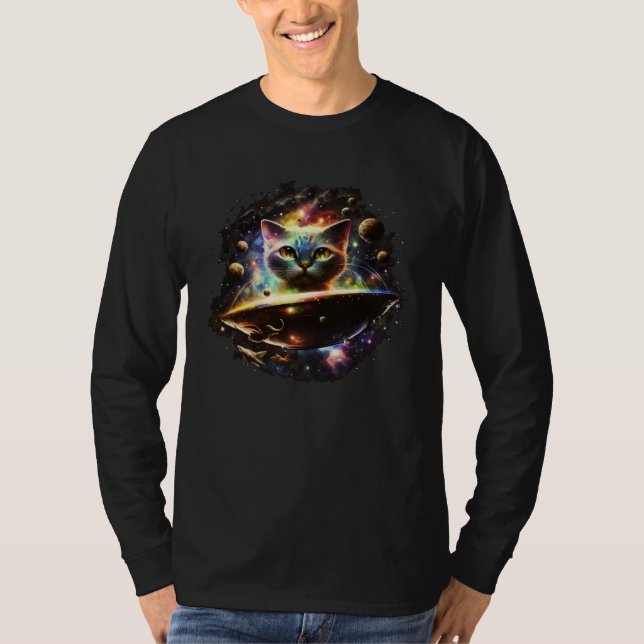 Camiseta Funny Cat Tee, Galaxy Cat Spaceship Alien Cat 1 (Frente)