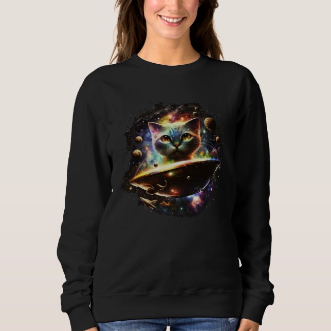 Camiseta Funny Cat Tee, Galaxy Cat Spaceship Alien Cat 1 (Frente)