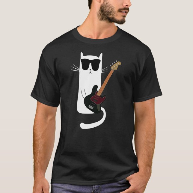 Camiseta Funny Cat Wearing Sunglasses Playing Bass Guitar (Frente)