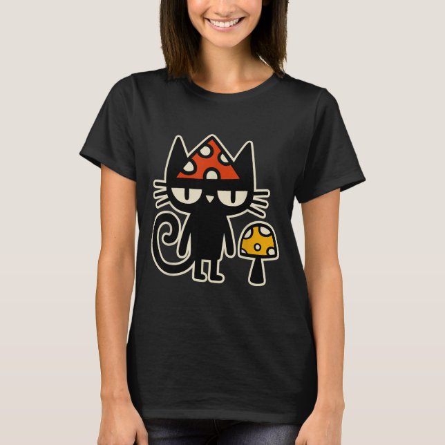 Camiseta Funny Cat With Mushroom Hat Black Cat With Toadsto (Frente)