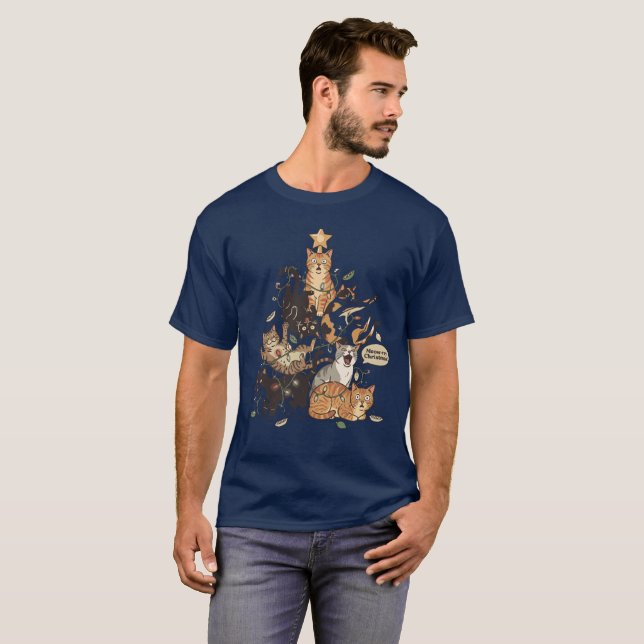 Camiseta Funny Cats Christmas Tree Tangled Lights Holiday (Frente Completa)