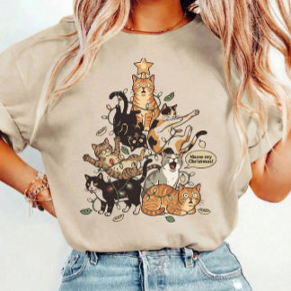 Camiseta Funny Cats Christmas Tree Tangled Lights Holiday