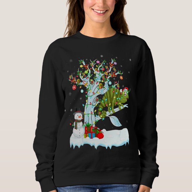 Camiseta Funny Chameleon Xmas Tree Lighting Papai noel Cham (Frente)