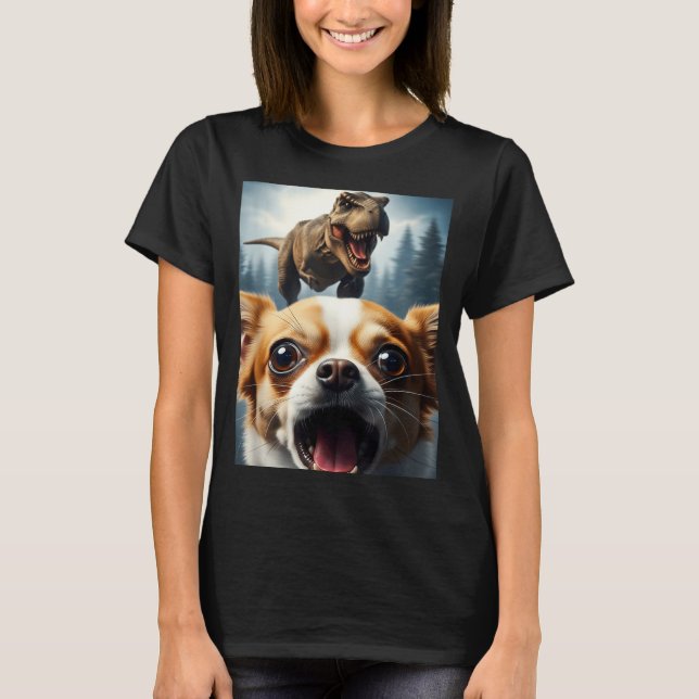 Camiseta Funny Chihuahua Dog Selfie With T-rex Women Men Ki (Frente)