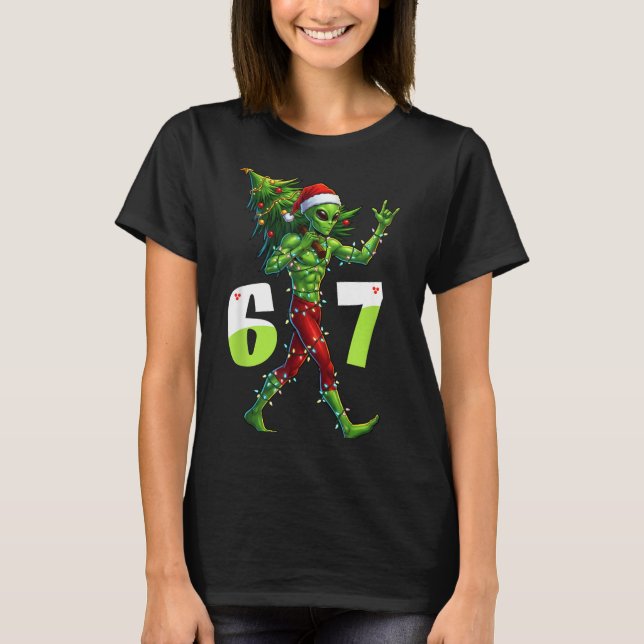 Camiseta Funny Christmas Alien Six Seven Meme 67 Santa Hat  (Frente)