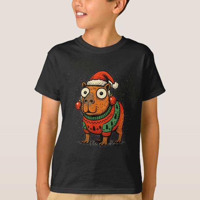 Camiseta Funny Christmas Capybara With Santa Hat &amp; Swea (Frente)