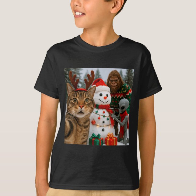 Camiseta Funny Christmas Cat Selfie With Bigfoot Alien &amp (Frente)