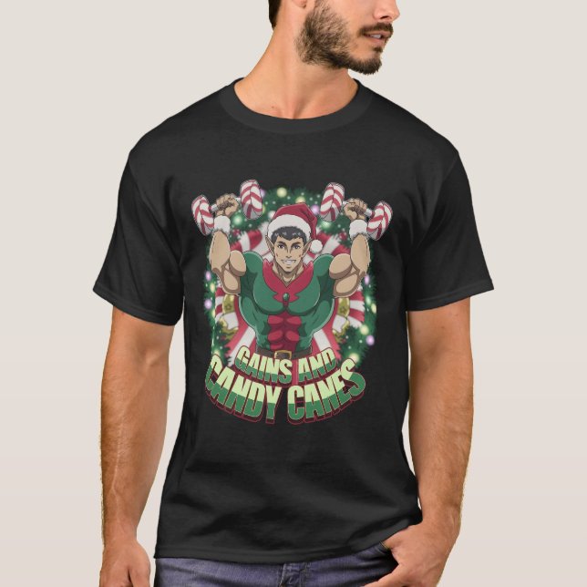 Camiseta Funny Christmas Elf Gym Workout Gains And Candy Ca (Frente)