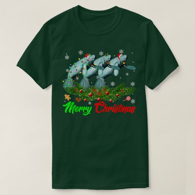 Camiseta Funny Christmas Pajama Manatee Hat Santa Xmas Ligh (Frente do Design)