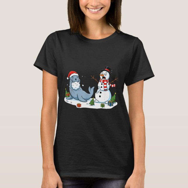 Camiseta Funny Christmas Snowman Sea Lion Xmas Mens Womens  (Frente)