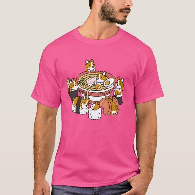 Camiseta Funny Corgi Ramen Sushi Japão Comida Cães de Corgi (Frente)