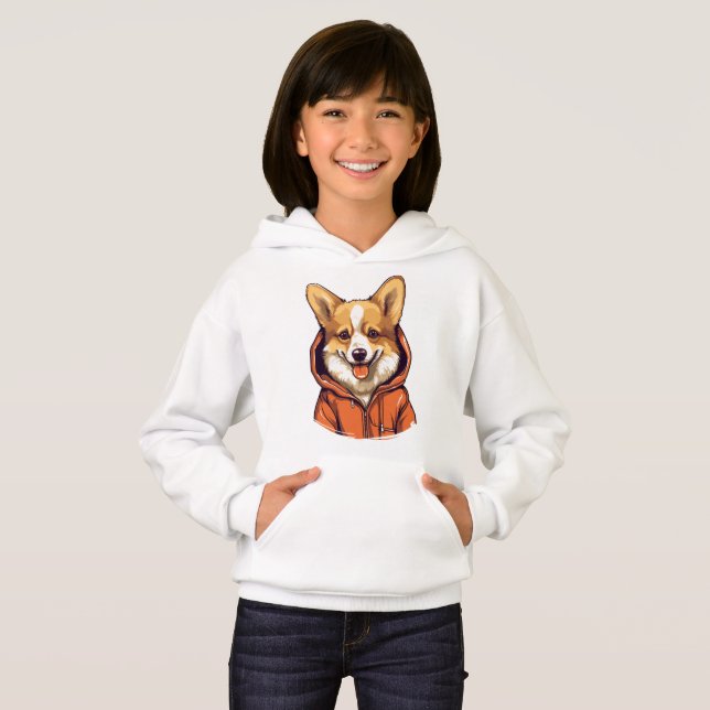 Camiseta Funny Corgi Vestindo Hoodie (Frente Completa)