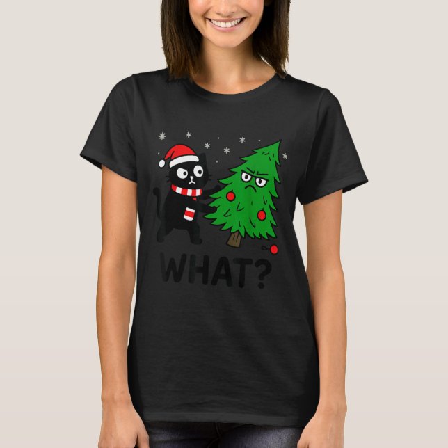 Camiseta Funny Cute Black Cat What Jamas Christmas Tree Cos (Frente)
