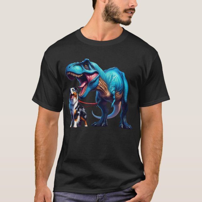 Camiseta Funny Dinossaur Australiano Pastor Andando Cão (Frente)