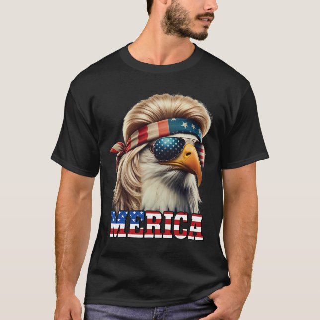 Camiseta Funny Eagle Merica 4 de julho Loira Wig Mullet Fun (Frente)