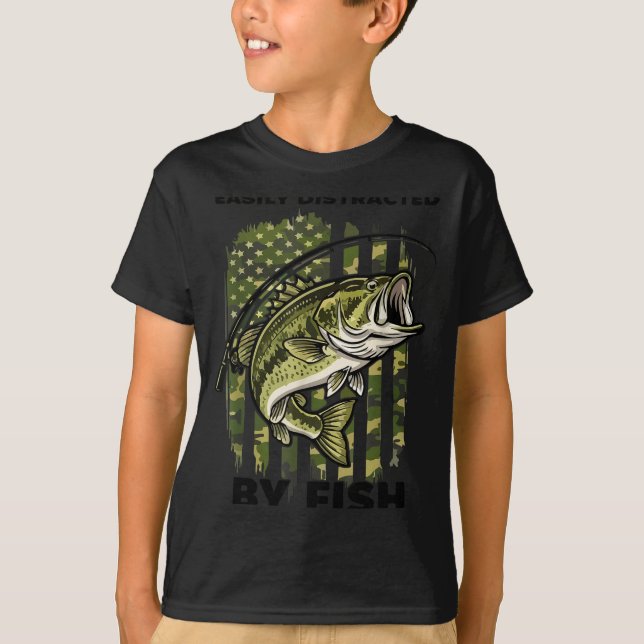 Camiseta Funny Easily Distracted By Camo B Fish American Fl (Frente)