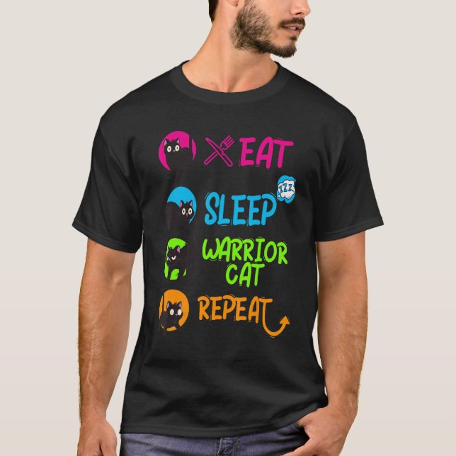 Camiseta Funny Eat Sleep Warrior Cat Repeat Cool Cat Design (Frente)