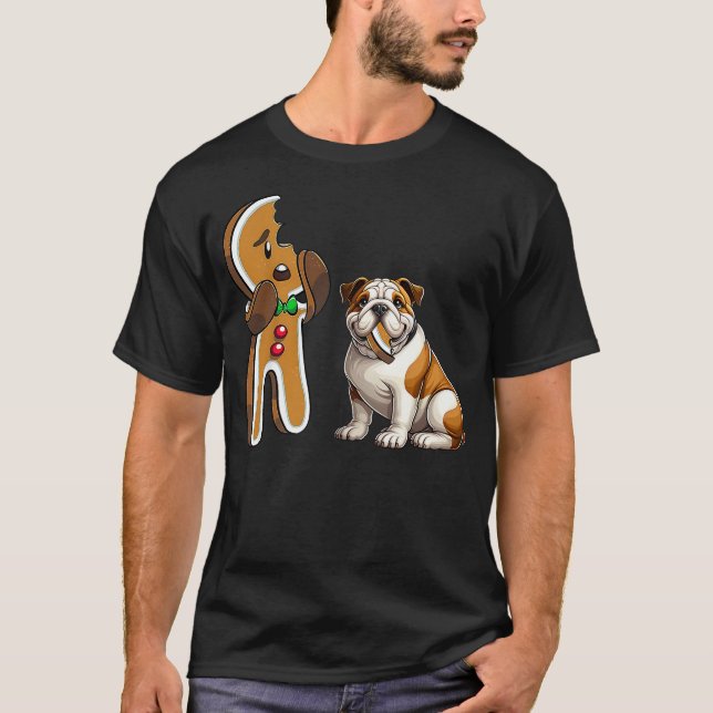 Camiseta Funny English Bulldog Dog Biting Gingerbread Merry (Frente)