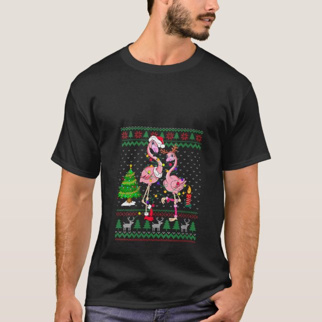 Camiseta Funny Flamingo Lights Tangida Feia Fora De Natal (Frente)