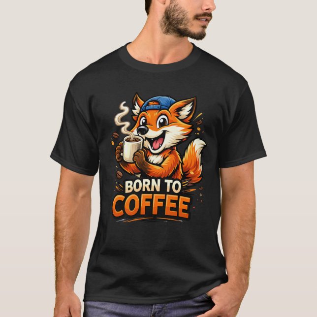 Camiseta Funny Fox Drinking Coffee Cartoon Design (Frente)