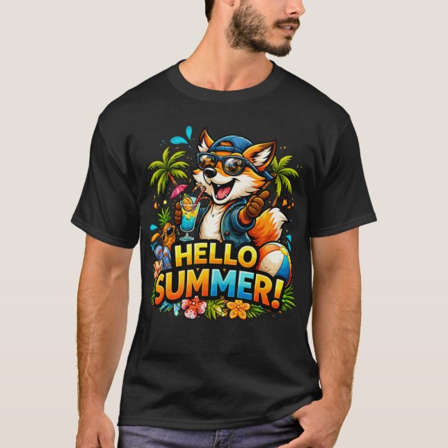 Camiseta Funny Fox Hello Summer Cartoon Design (Frente)