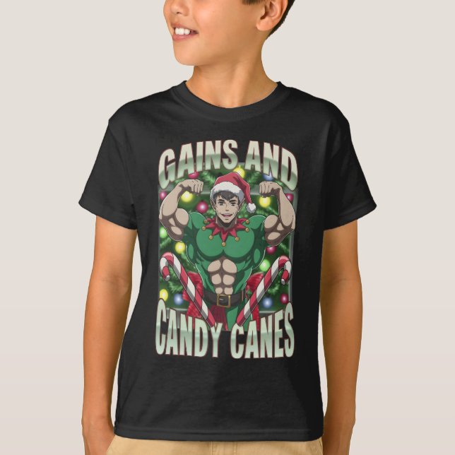 Camiseta Funny Gains And Candy Canes Christmas Elf Gym Work (Frente)
