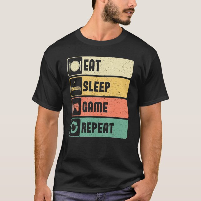 Camiseta Funny Gamer Quote Eat Sleep Game Repeat, Cool Vint (Frente)