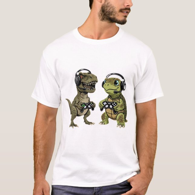 Camiseta Funny Gamer T Rex Turtle Dinosaur Retro Gaming  (Frente)