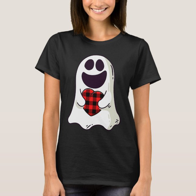 Camiseta Funny Ghost Hugging Red Hearts Plaid buffalo Valen (Frente)