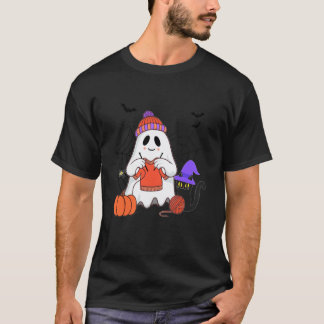 Camiseta Funny Ghost Knitting Black Cat Halloween