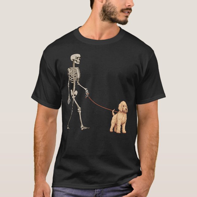 Camiseta Funny Goldendoodle Skeleton Dog Walking Halloween  (Frente)