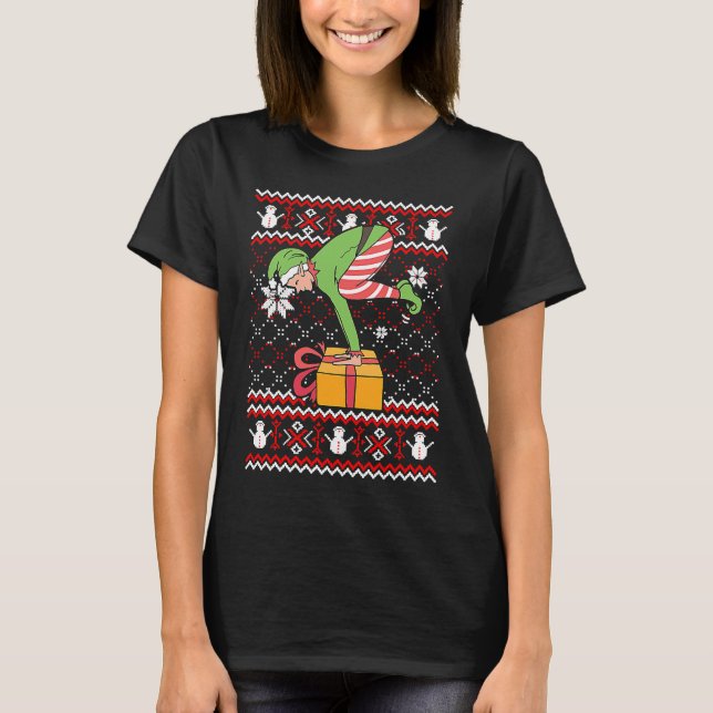 Camiseta Funny Green Elf Do Yoga Ugly Christmas Sweater Nam (Frente)