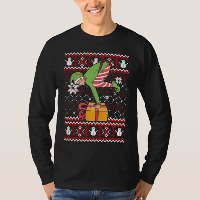 Camiseta Funny Green Elf Do Yoga Ugly Christmas Sweater Nam (Frente)