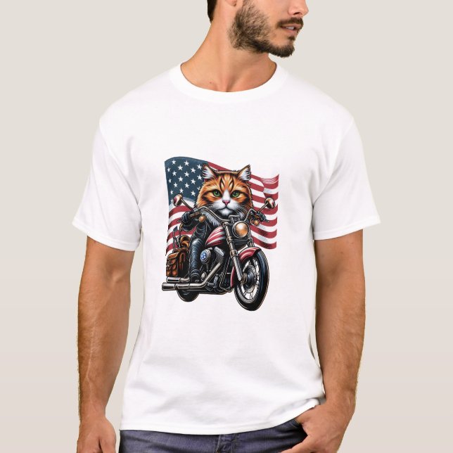 Camiseta Funny Grunge Cat Dirigindo moto bandeira americana (Frente)