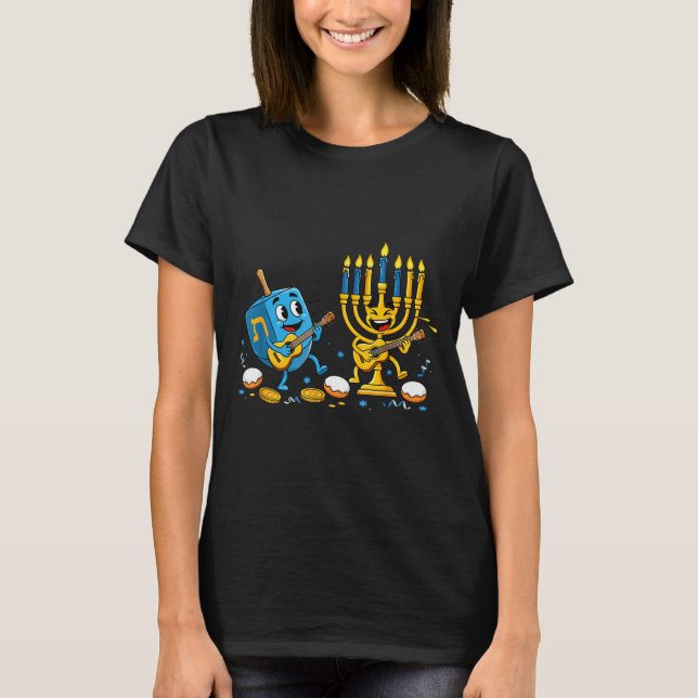 Camiseta Funny Guitar Dreidel Menorah Hanukkah Kids Womens  (Frente)