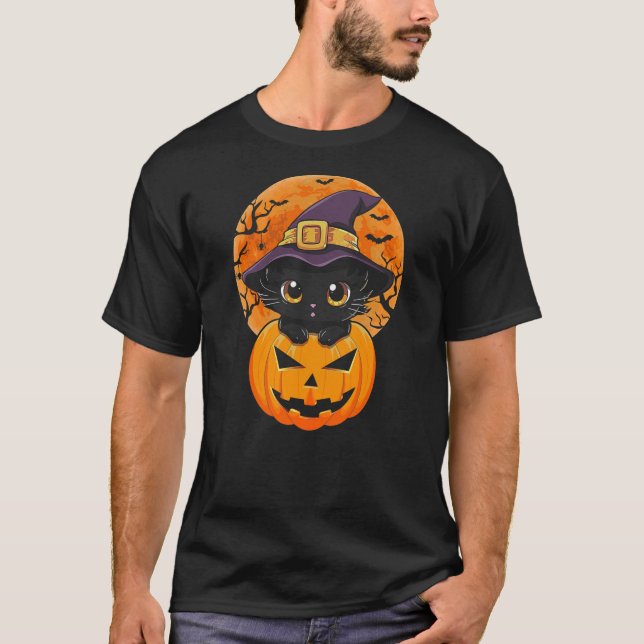 Camiseta Funny Halloween Black Cat Pumpkin Witch Hat Moon C (Frente)