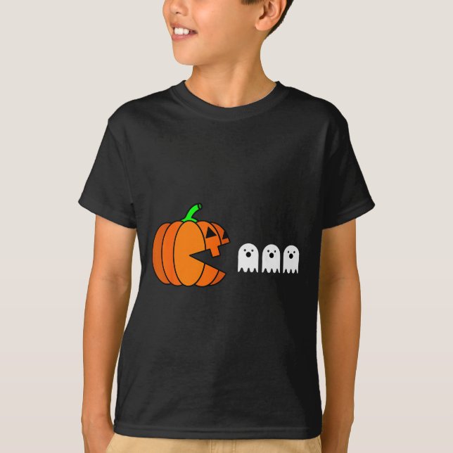 Camiseta Funny Halloween Pumpkin Eating Ghost, Gamer Men Wo (Frente)