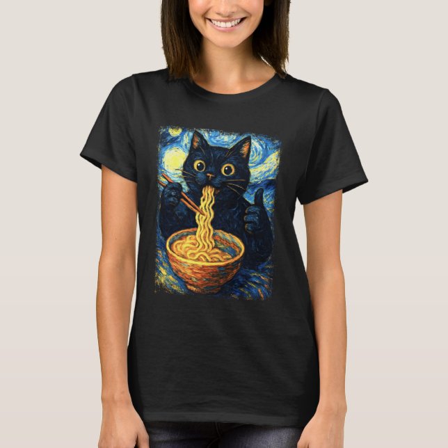 Camiseta Funny Japanese Black Kawaii Cat Kitten Eating Rame (Frente)