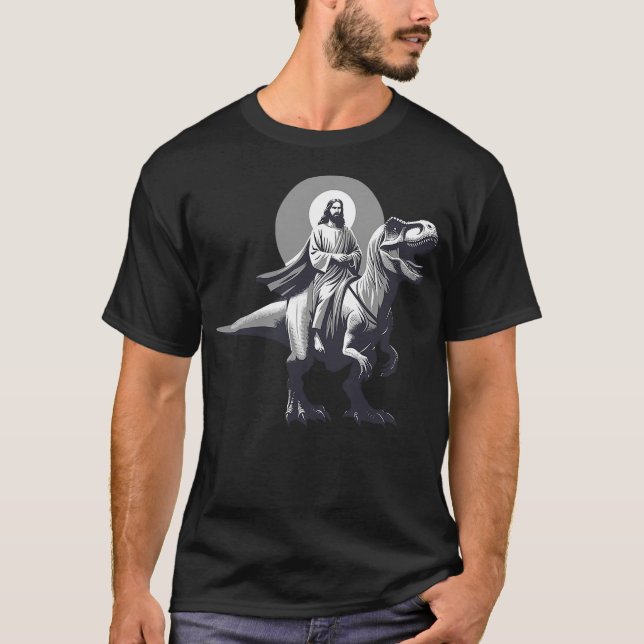 Camiseta Funny Jesus Riding T-Rex Dinosaur Meme Parody for  (Frente)