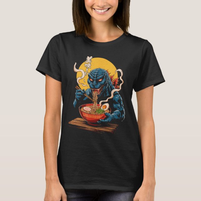 Camiseta Funny Kaiju Comendo Ramen Monstro Japonês Bi (Frente)